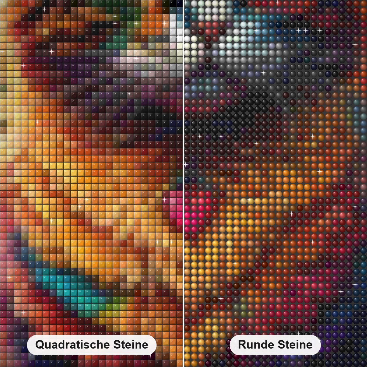 Charmante bunte Katze Diamond Painting Nahaufnahme mit quadratischen und runden Steinen