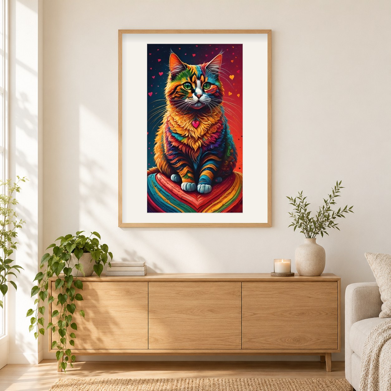 Charmante bunte Katze als gerahmtes Diamond Painting im Wohnzimmer