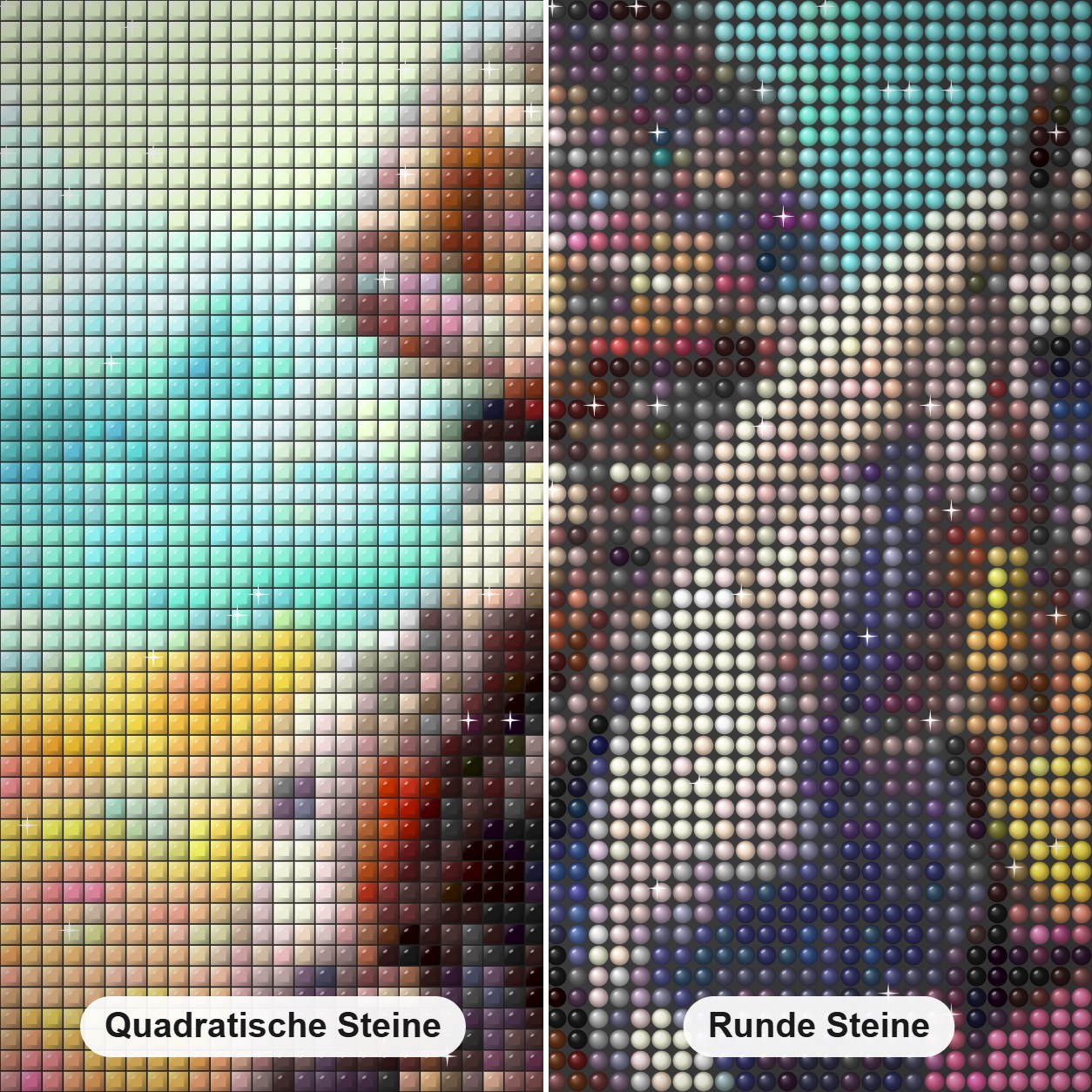 Regenbögen zu Pferd jagen Diamond Painting Nahaufnahme mit quadratischen und runden Steinen