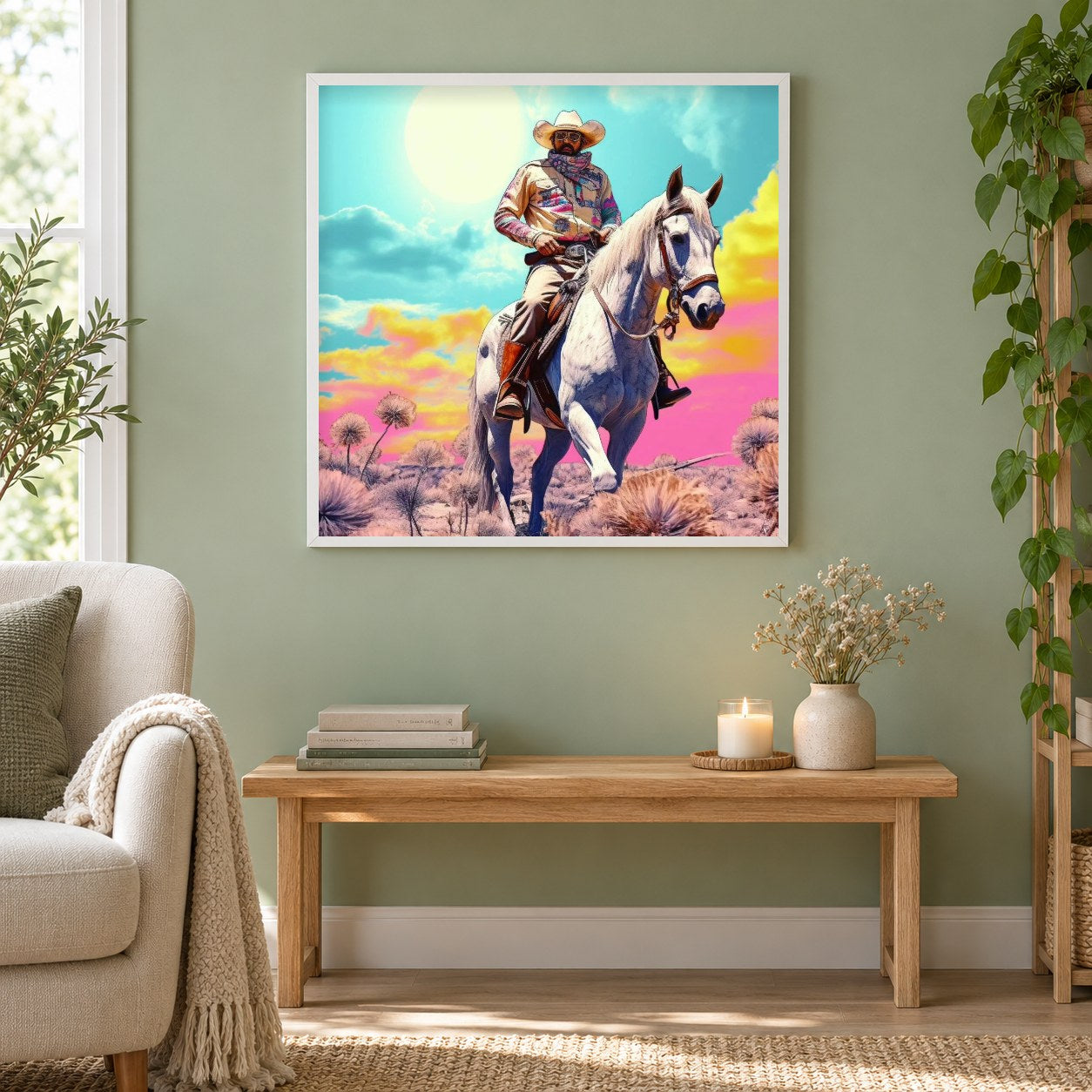 Regenbögen zu Pferd jagen als gerahmtes Diamond Painting im Wohnzimmer