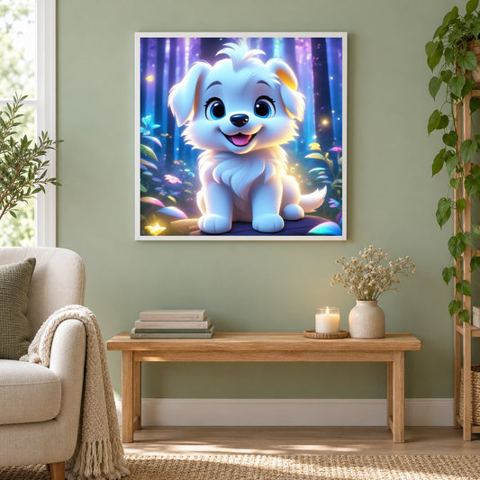 Fröhlicher weißer und gelber Welpe als gerahmtes Diamond Painting im Wohnzimmer