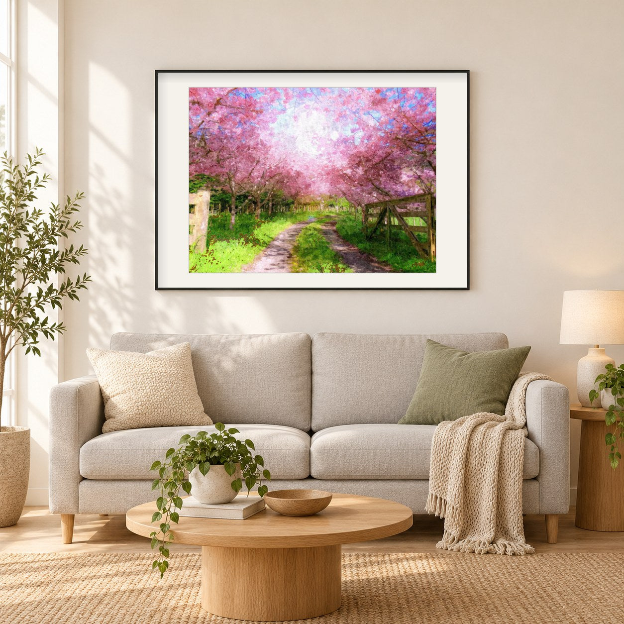 Kirschblütenwanderung - Kunst des Denise Dundon als gerahmtes Diamond Painting im Wohnzimmer