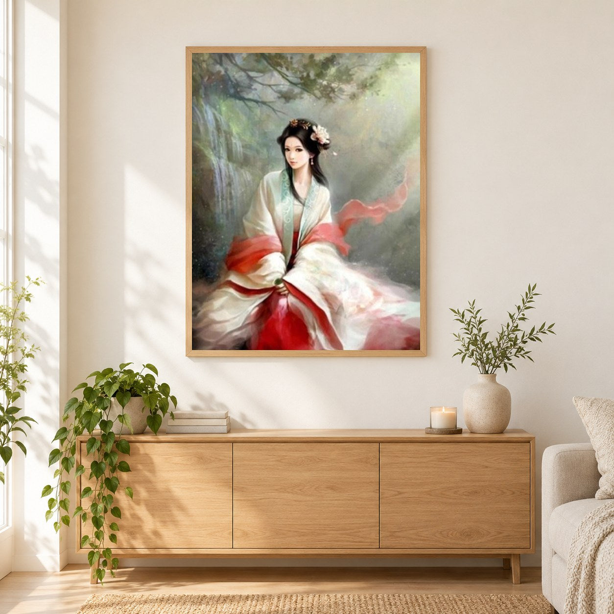 Chinesische Prinzessin als gerahmtes Diamond Painting im Wohnzimmer