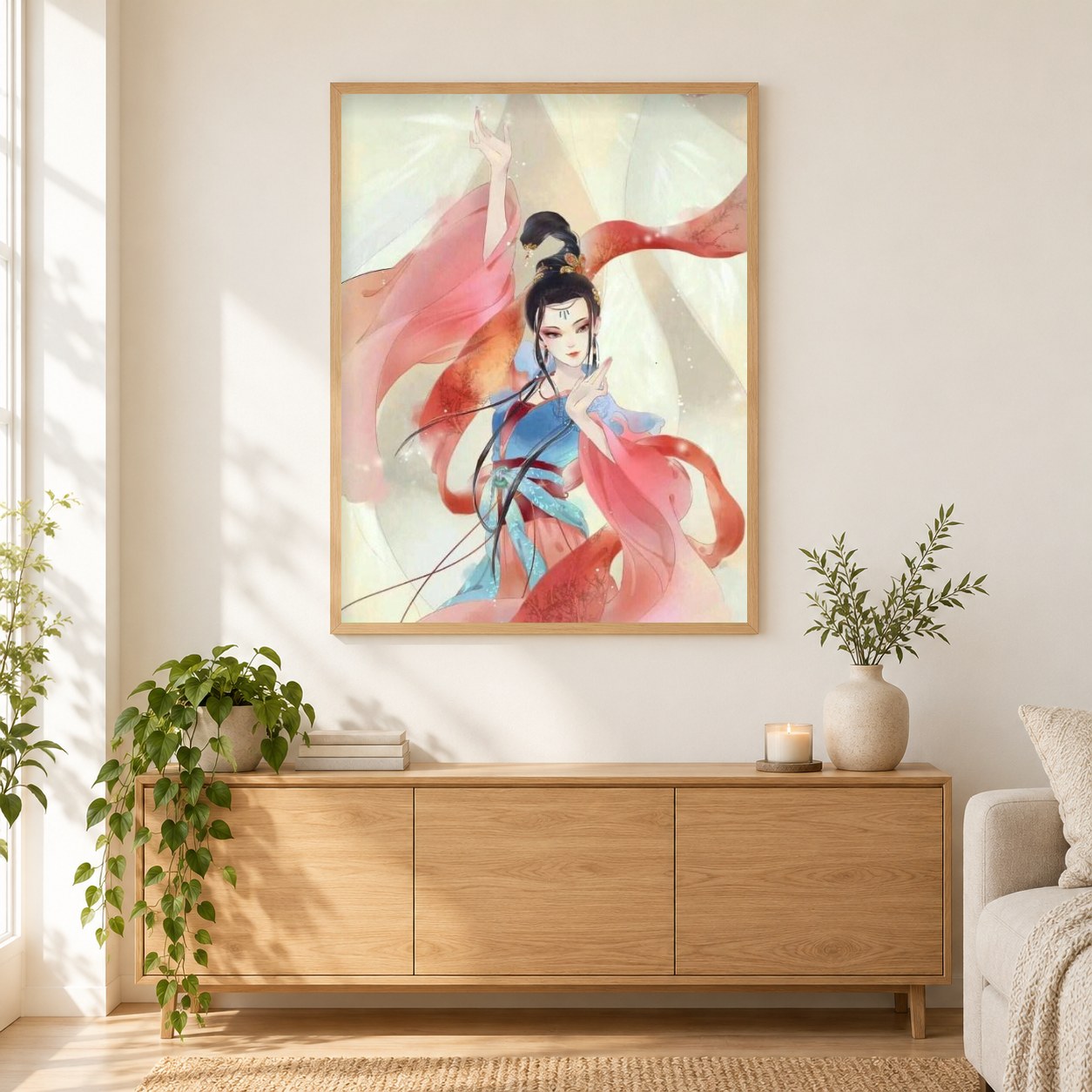 Chinesische Tanzkunst als gerahmtes Diamond Painting im Wohnzimmer