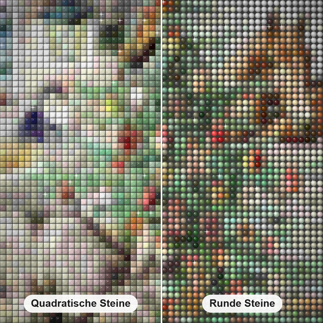 Weihnachtsstand - Kunst des Barbara Behr Diamond Painting Nahaufnahme mit quadratischen und runden Steinen