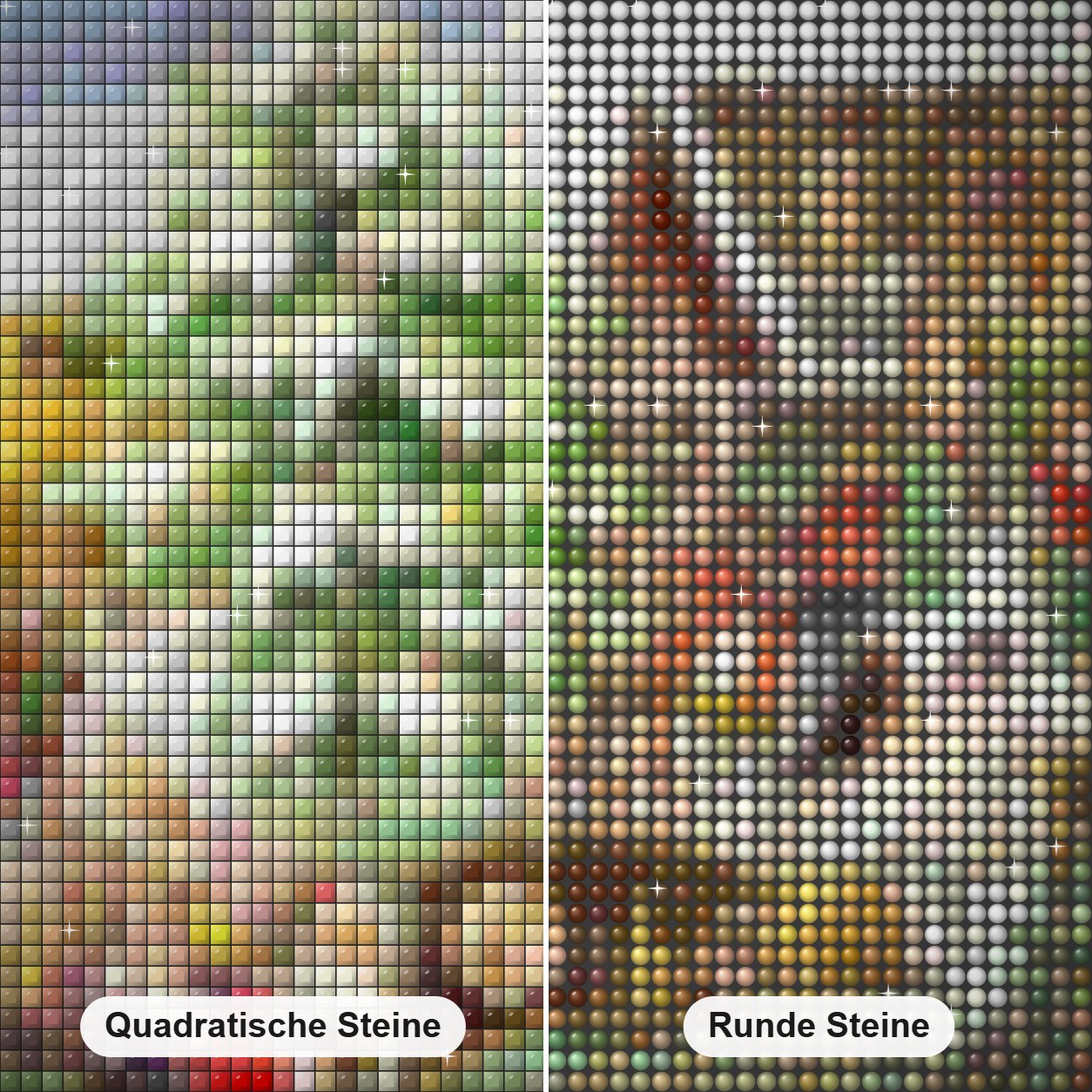 Weihnachtszug - Kunst des Barbara Behr Diamond Painting Nahaufnahme mit quadratischen und runden Steinen