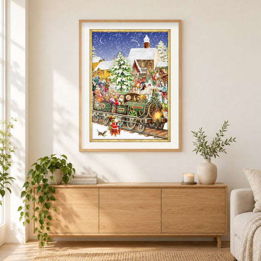 Weihnachtszug - Kunst des Barbara Behr als gerahmtes Diamond Painting im Wohnzimmer