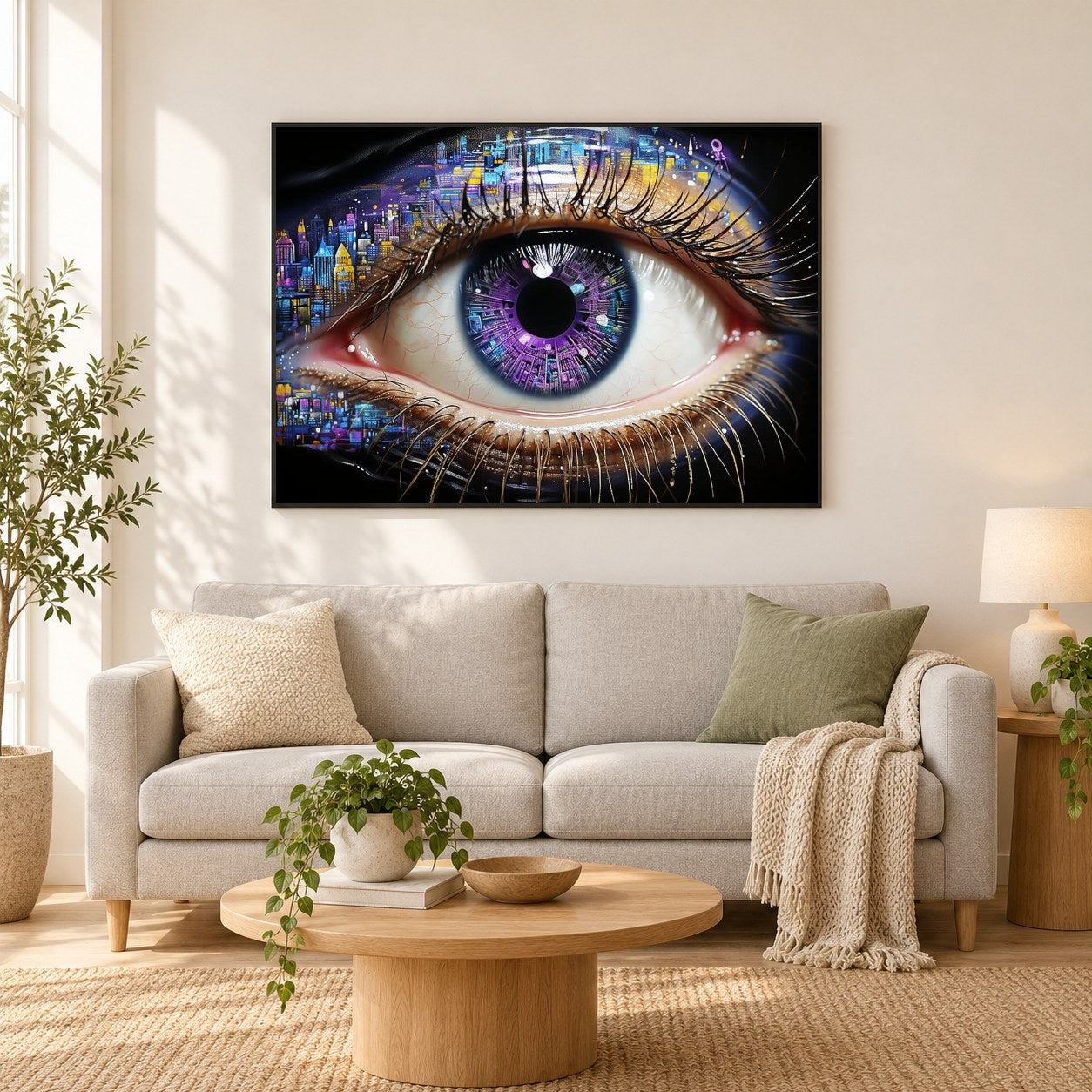 Chromatische Stadtlandschaft Auge Stadt der leuchtenden Farben als gerahmtes Diamond Painting im Wohnzimmer