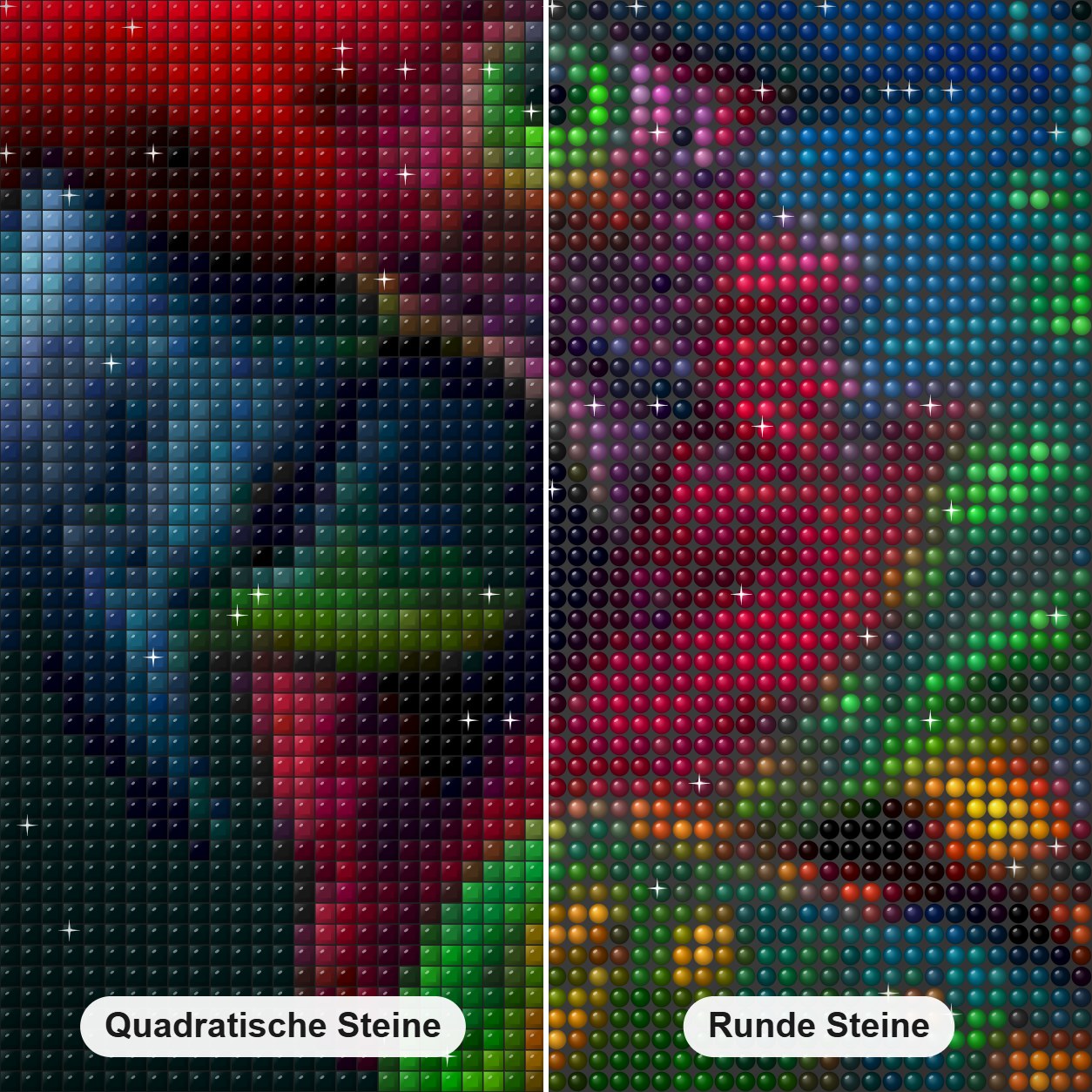 Nahaufnahme Porträt eines wunderschönen Papageis Diamond Painting Nahaufnahme mit quadratischen und runden Steinen