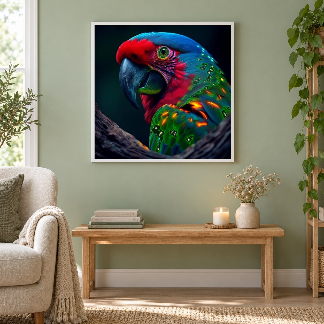 Nahaufnahme Porträt eines wunderschönen Papageis als gerahmtes Diamond Painting im Wohnzimmer