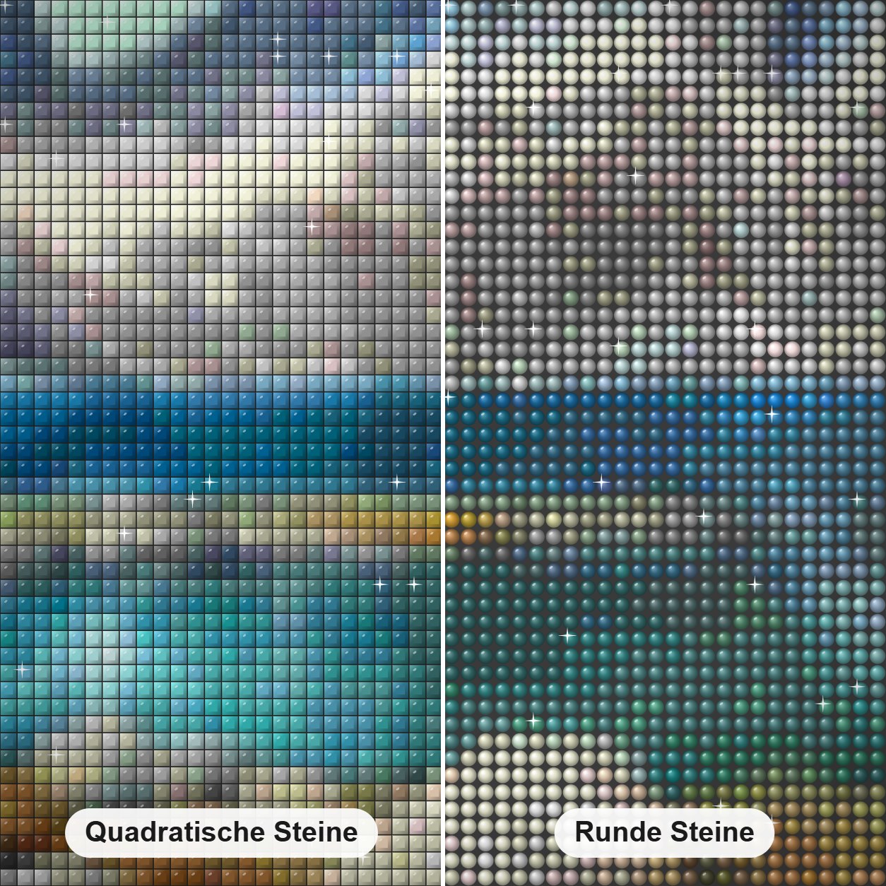 Kobaltsee - Kunst des Linda Wilder Diamond Painting Nahaufnahme mit quadratischen und runden Steinen