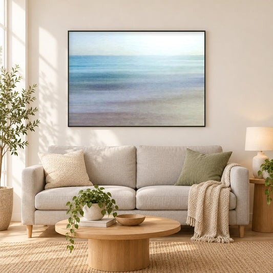 Farbe des Meeres - Kunst des Denise Dundon als gerahmtes Diamond Painting im Wohnzimmer