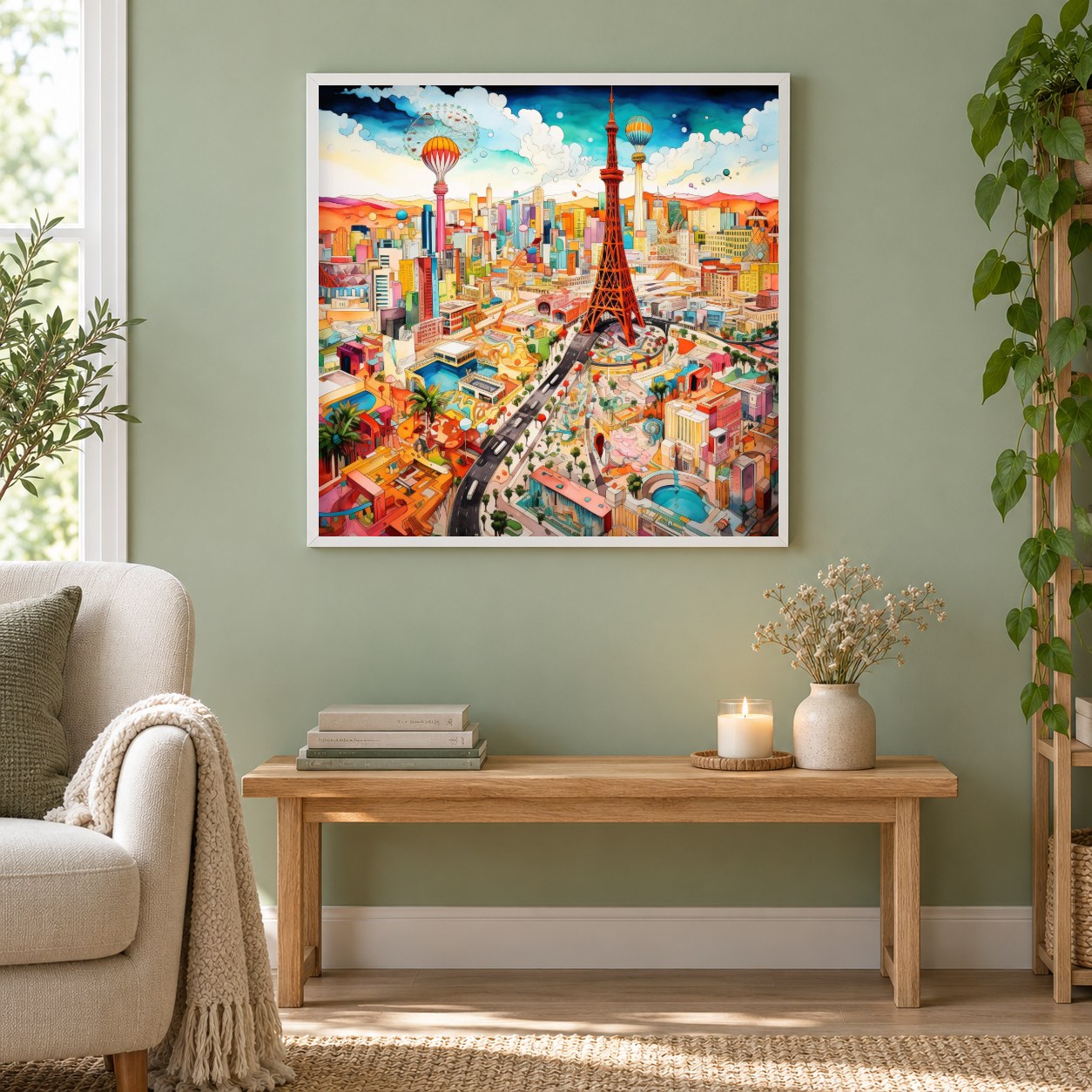 Bunte Tintenillustration als gerahmtes Diamond Painting im Wohnzimmer