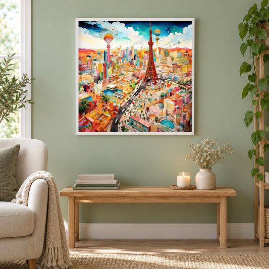 Bunte Tintenillustration als gerahmtes Diamond Painting im Wohnzimmer