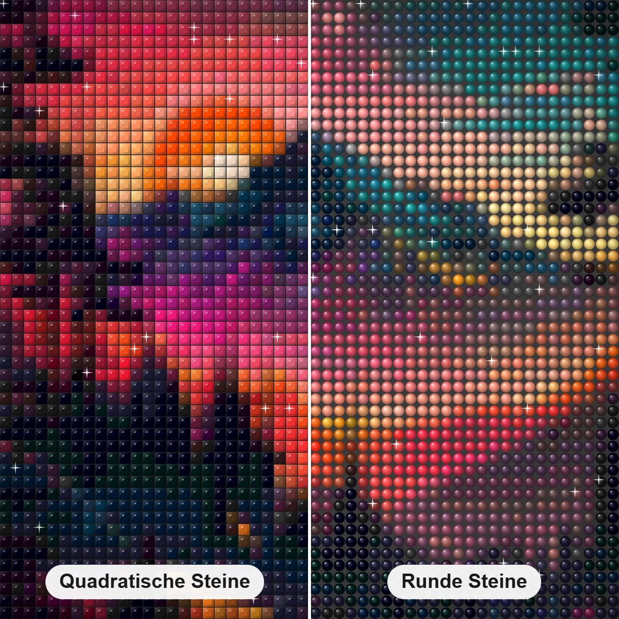Bunte Landschaft mit Sonnenuntergang Diamond Painting Nahaufnahme mit quadratischen und runden Steinen