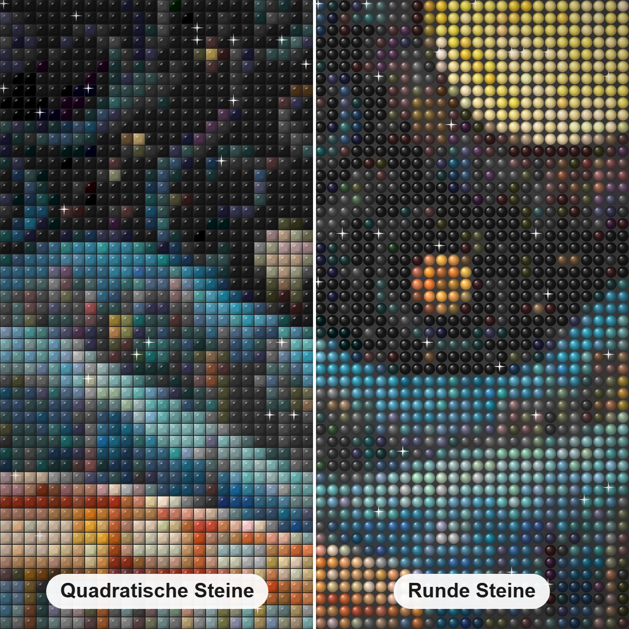 Bunte Sternennacht Diamond Painting Nahaufnahme mit quadratischen und runden Steinen