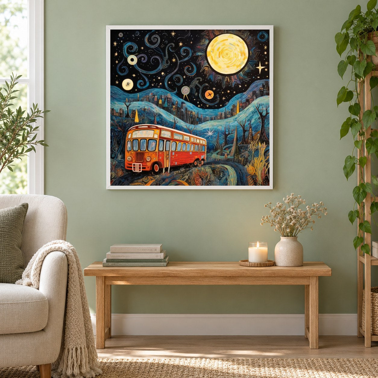 Bunte Sternennacht als gerahmtes Diamond Painting im Wohnzimmer