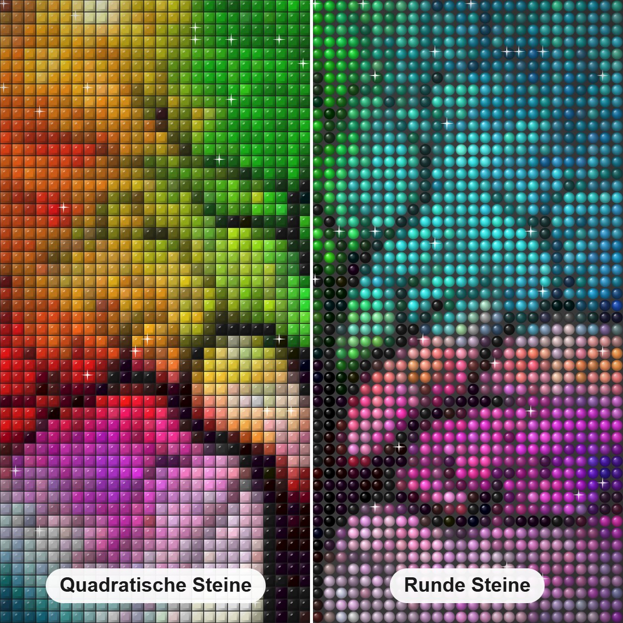Buntes Baum Diamond Painting Nahaufnahme mit quadratischen und runden Steinen