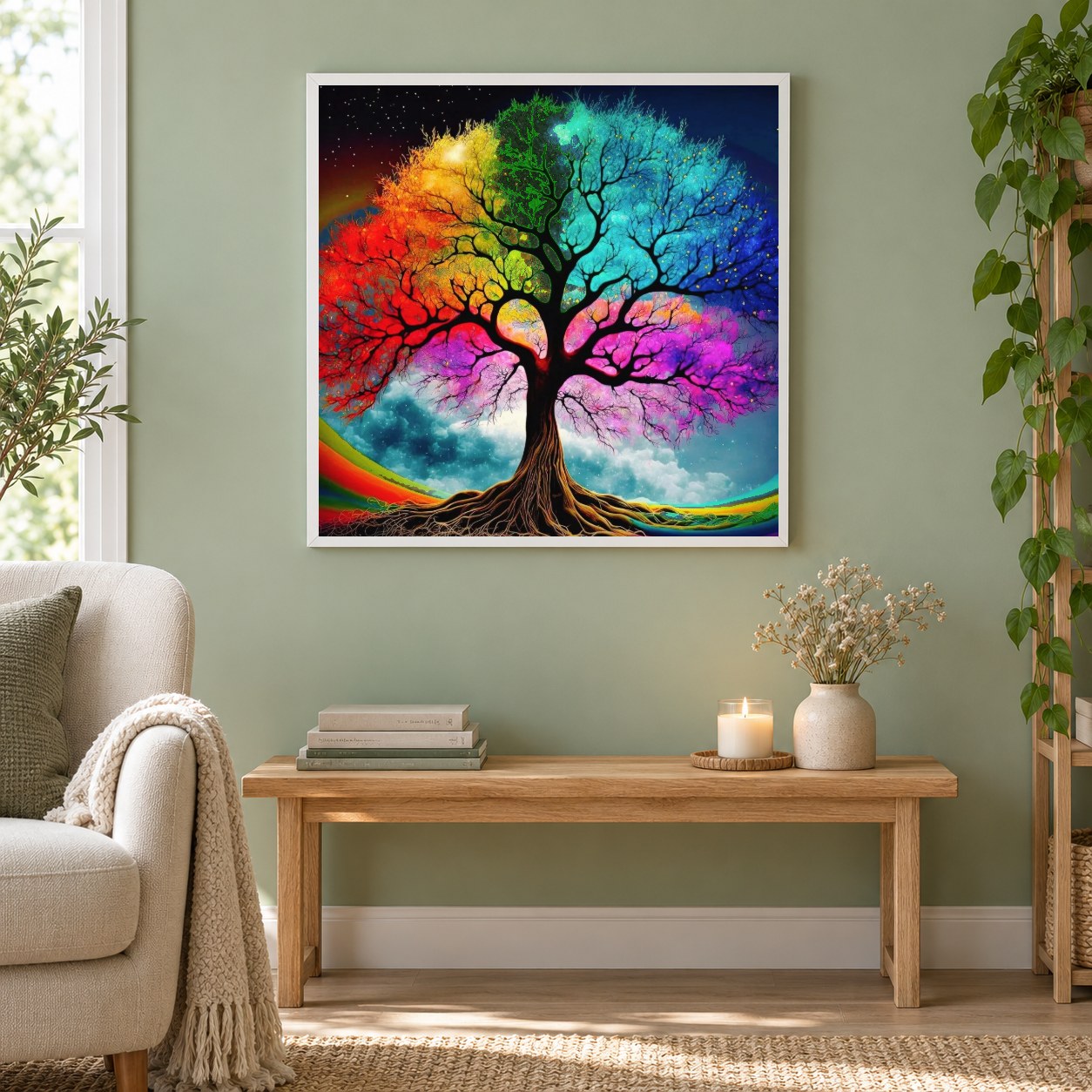 Buntes Baum als gerahmtes Diamond Painting im Wohnzimmer