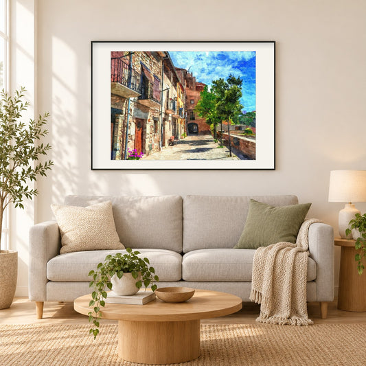 Bunte Dorfstraße - Kunst des Denise Dundon als gerahmtes Diamond Painting im Wohnzimmer
