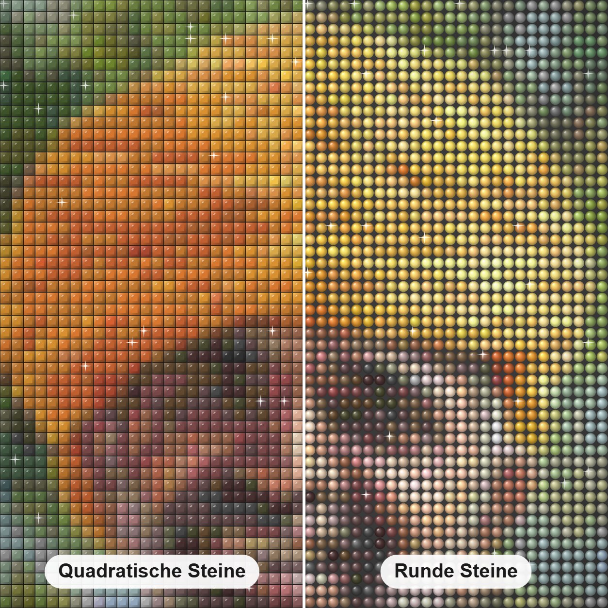 Farben von Rajasthan -  Kunst des Eric Wilson Diamond Painting Nahaufnahme mit quadratischen und runden Steinen