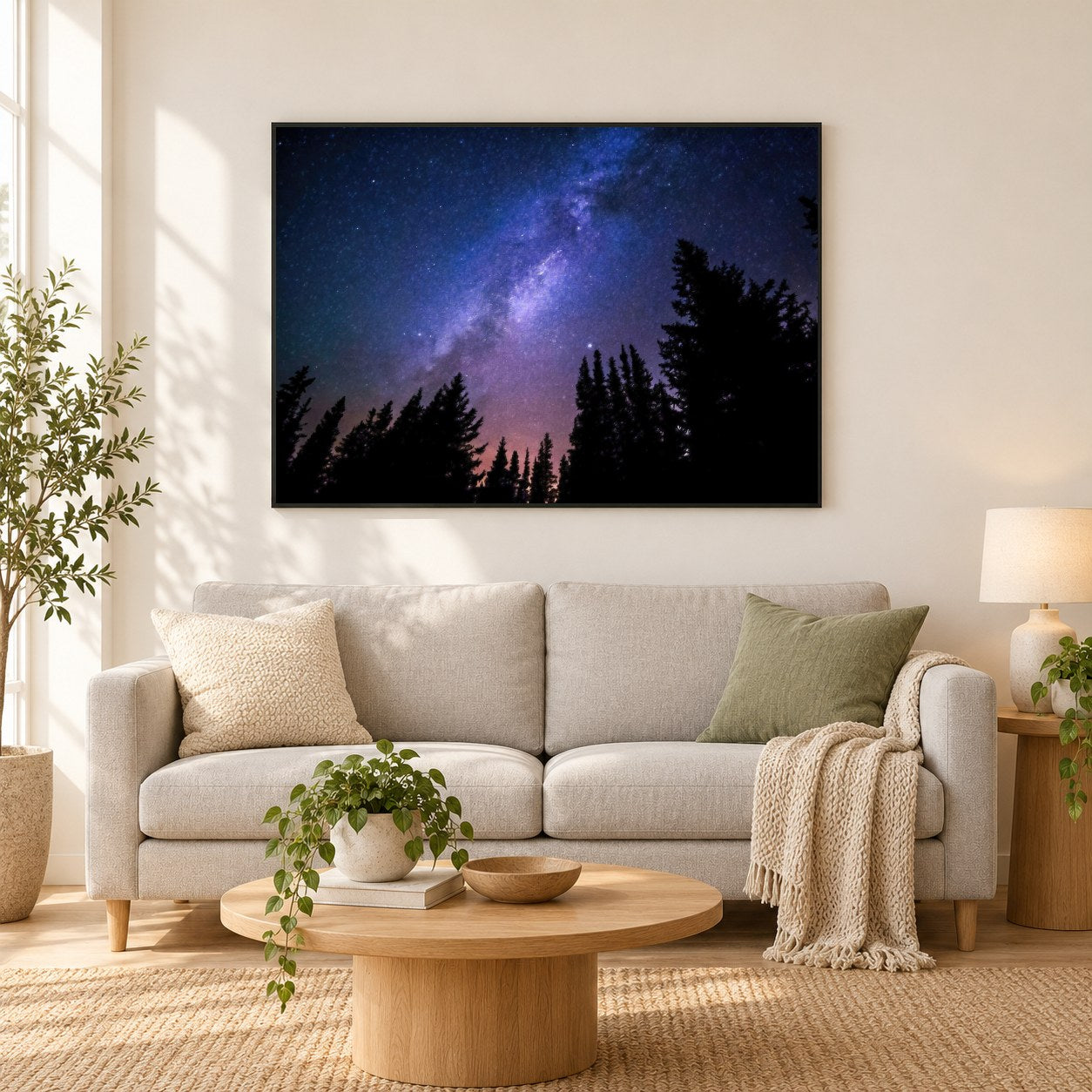 Nadelbäume zur Milchstraße - Kunst des Denise Dundon als gerahmtes Diamond Painting im Wohnzimmer