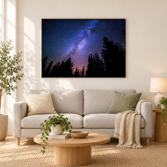 Nadelbäume zur Milchstraße - Kunst des Denise Dundon als gerahmtes Diamond Painting im Wohnzimmer