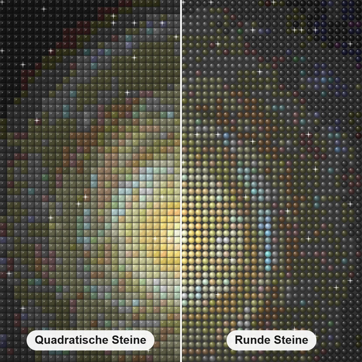 Coole Galaxie mit einer heißen Corona Diamond Painting Nahaufnahme mit quadratischen und runden Steinen