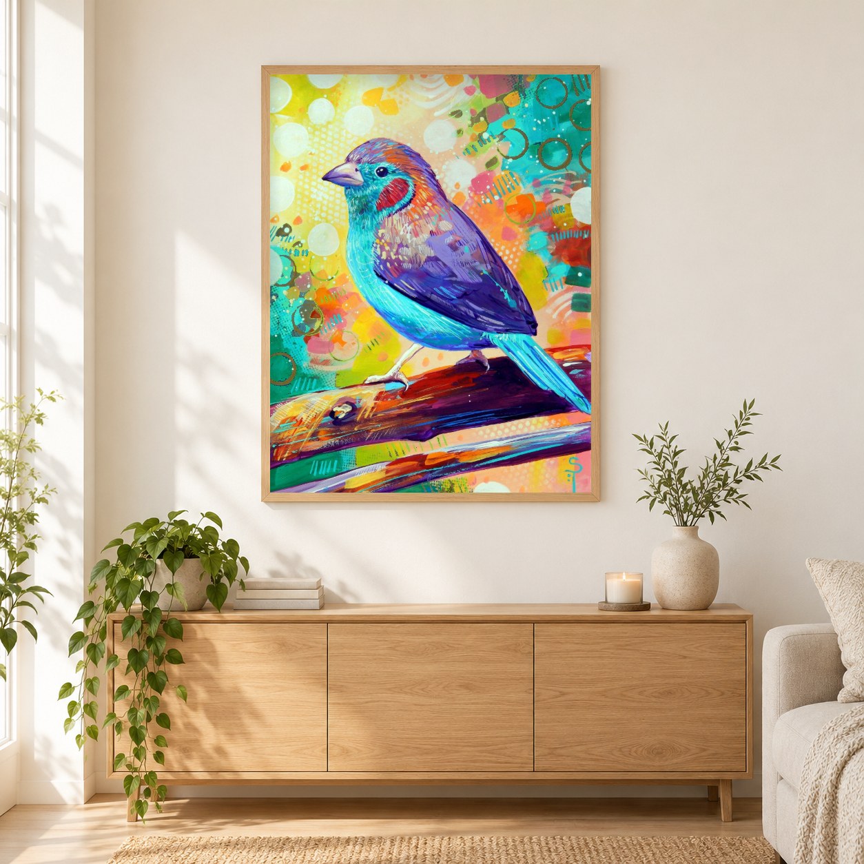Cordon Bleu-Fink - Kunst des Sandra Trubin als gerahmtes Diamond Painting im Wohnzimmer