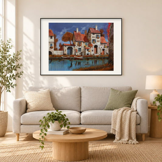Landhaus am See - Kunst des Guido Borelli als gerahmtes Diamond Painting im Wohnzimmer