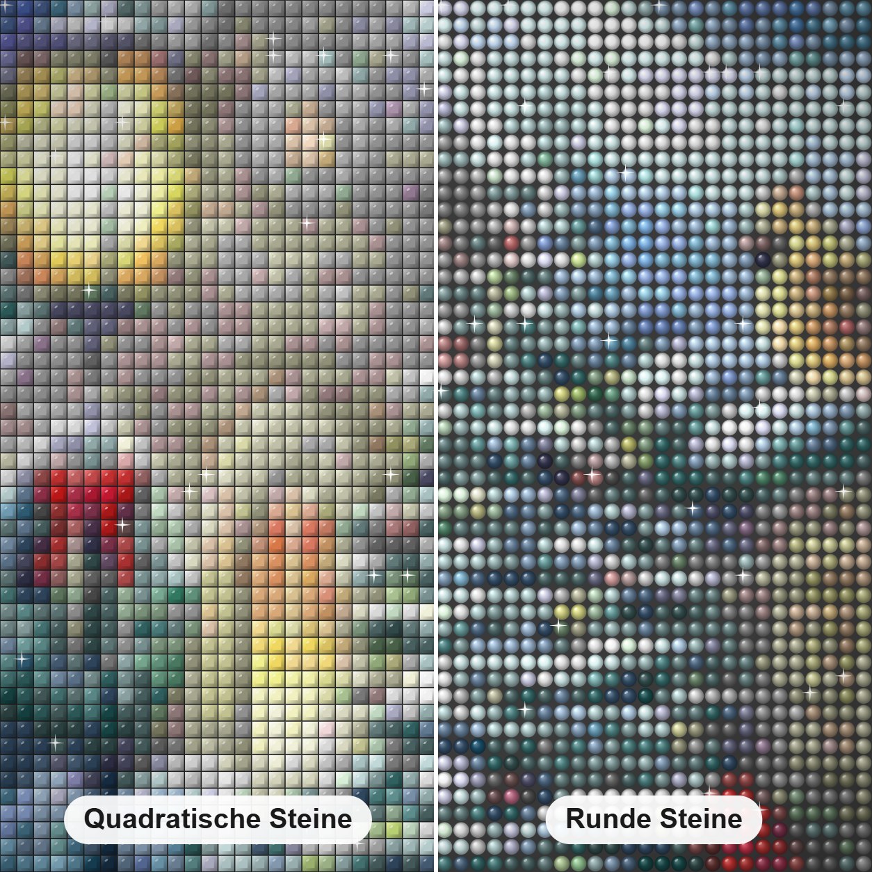 Hof Kardinäle Weihnachten -Kunst des Robert Andrea Diamond Painting Nahaufnahme mit quadratischen und runden Steinen