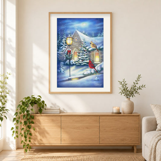 Hof Kardinäle Weihnachten -Kunst des Robert Andrea als gerahmtes Diamond Painting im Wohnzimmer