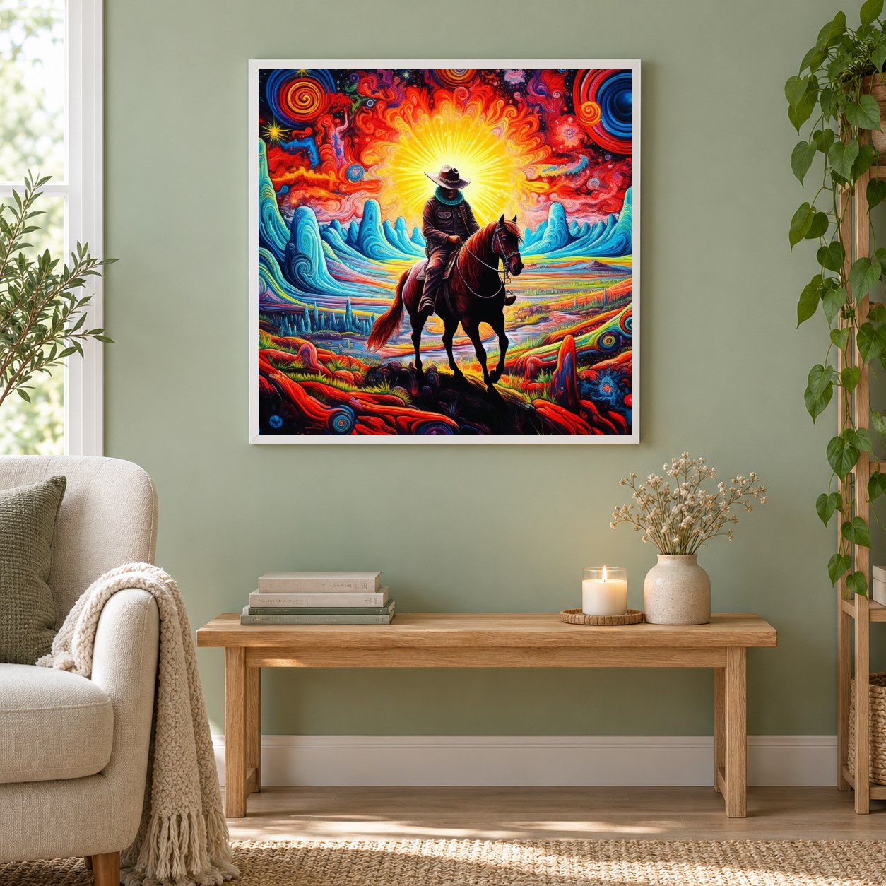 Cowboy in der Fantasiewelt als gerahmtes Diamond Painting im Wohnzimmer