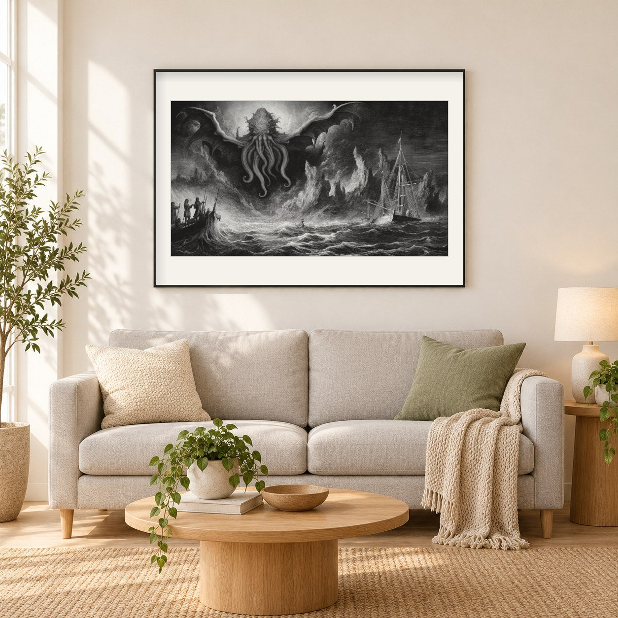 Cthulhu erhebt sich aus dem Meer als gerahmtes Diamond Painting im Wohnzimmer