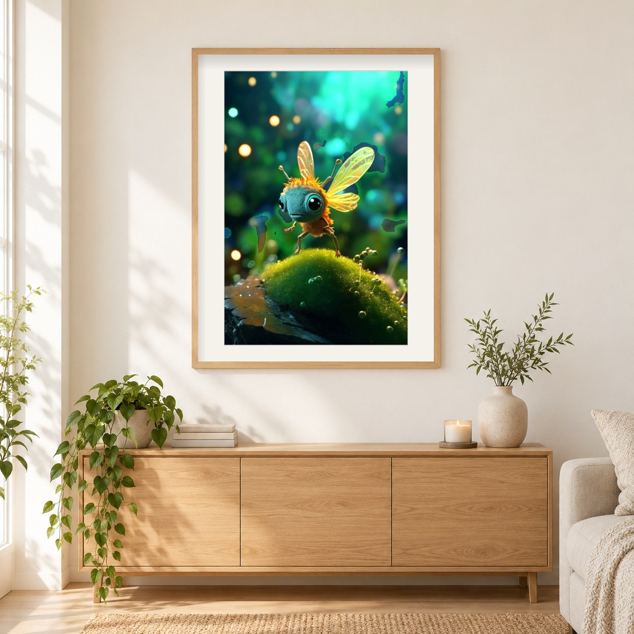 Süße Honigbiene mit großen Augen als gerahmtes Diamond Painting im Wohnzimmer