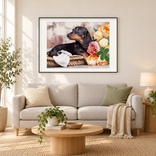 Dackel & Blumen als gerahmtes Diamond Painting im Wohnzimmer