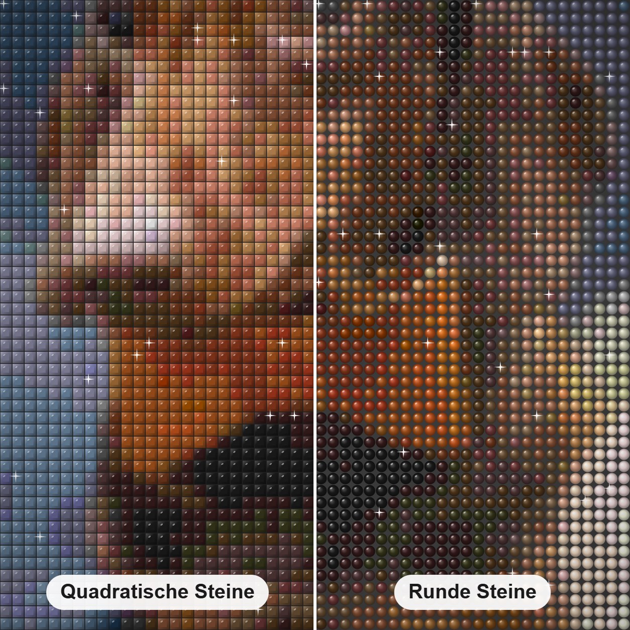 Dackel mit einer Fliege Diamond Painting Nahaufnahme mit quadratischen und runden Steinen