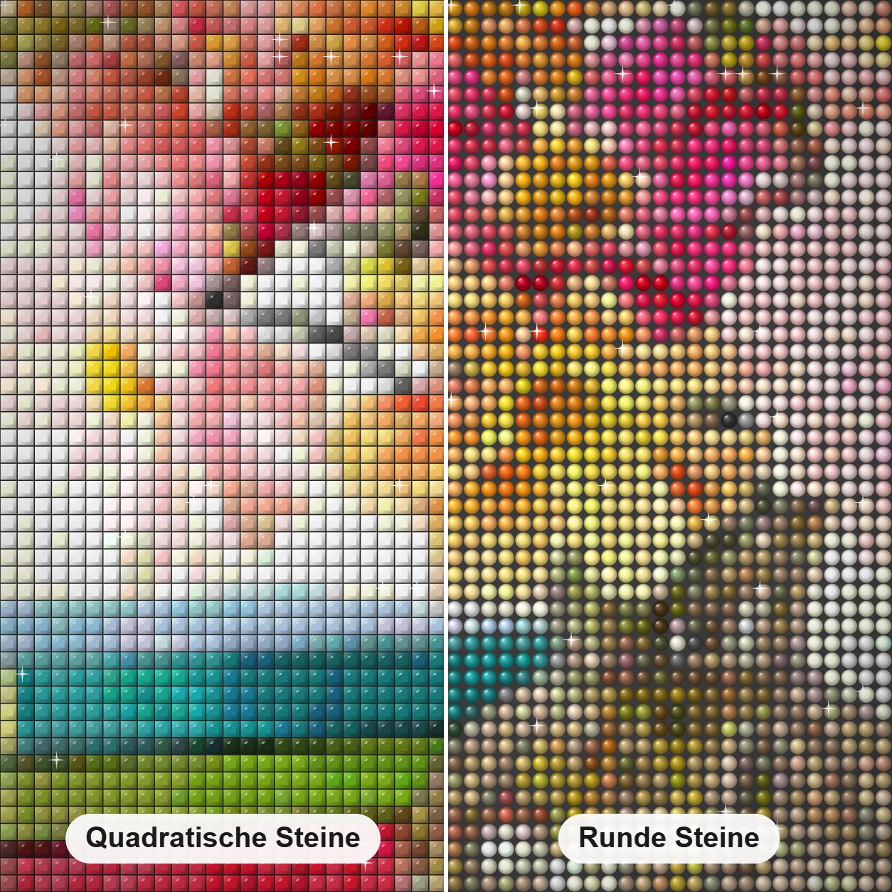 Dahlien und bunte Bücher - Kunst des Denise Dundon Diamond Painting Nahaufnahme mit quadratischen und runden Steinen