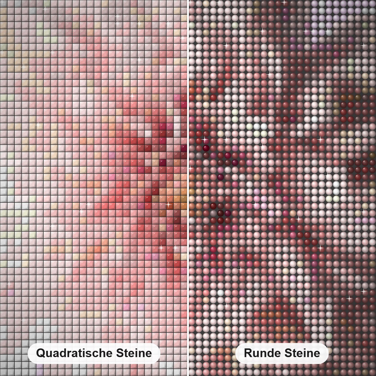 Dahlienblüte Diamond Painting Nahaufnahme mit quadratischen und runden Steinen
