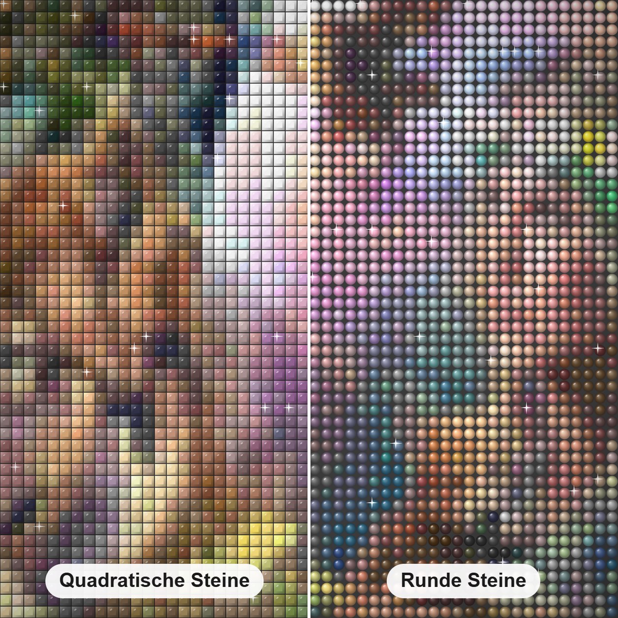 Dame des Waldes Diamond Painting Nahaufnahme mit quadratischen und runden Steinen
