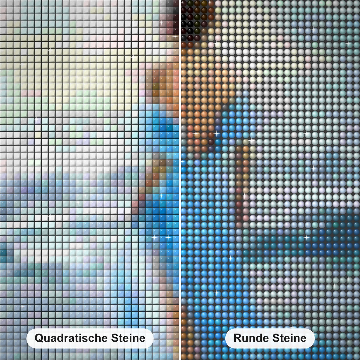 Dame, die im Wasser geht Diamond Painting Nahaufnahme mit quadratischen und runden Steinen