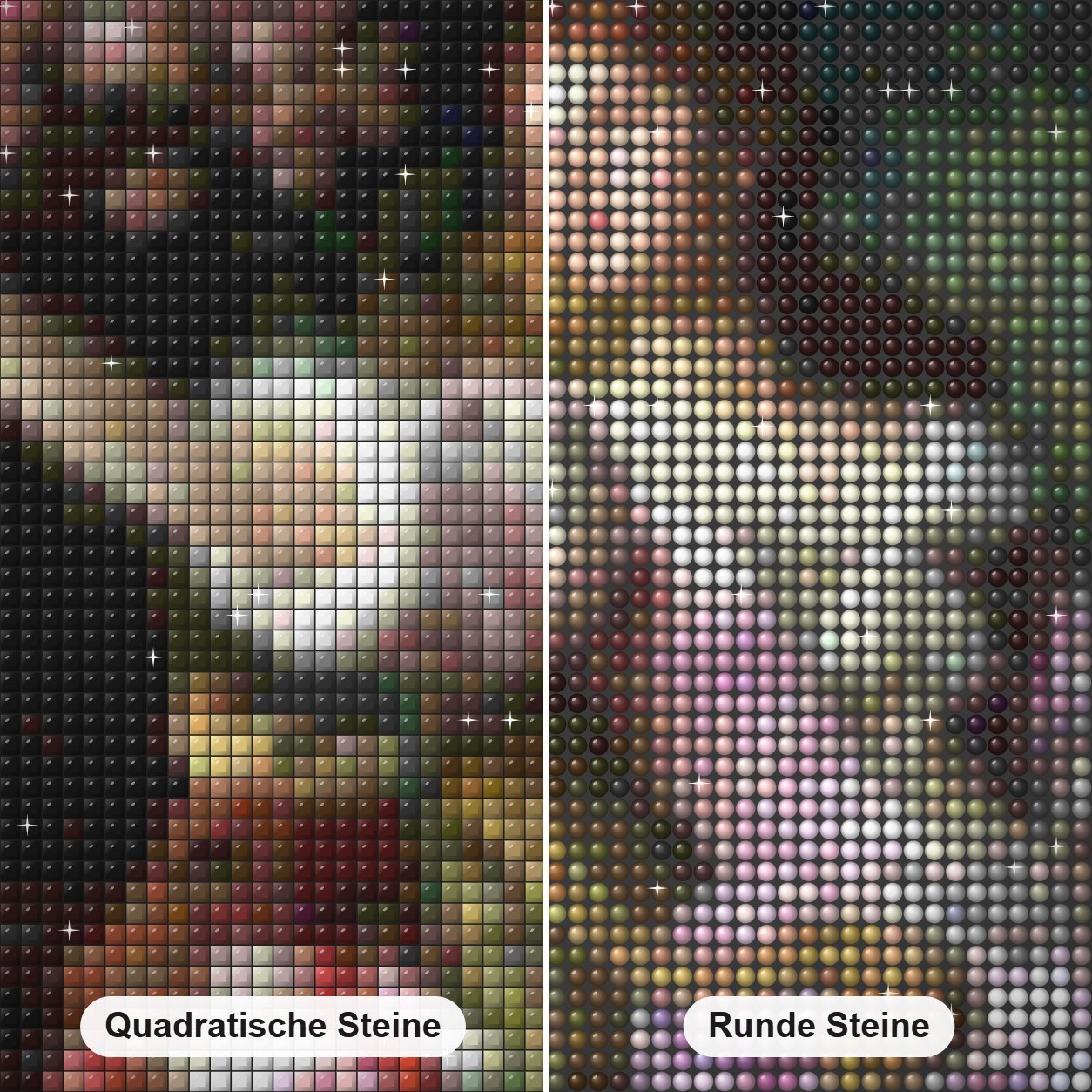 Dame im rosa Kleid mit Blumen Diamond Painting Nahaufnahme mit quadratischen und runden Steinen