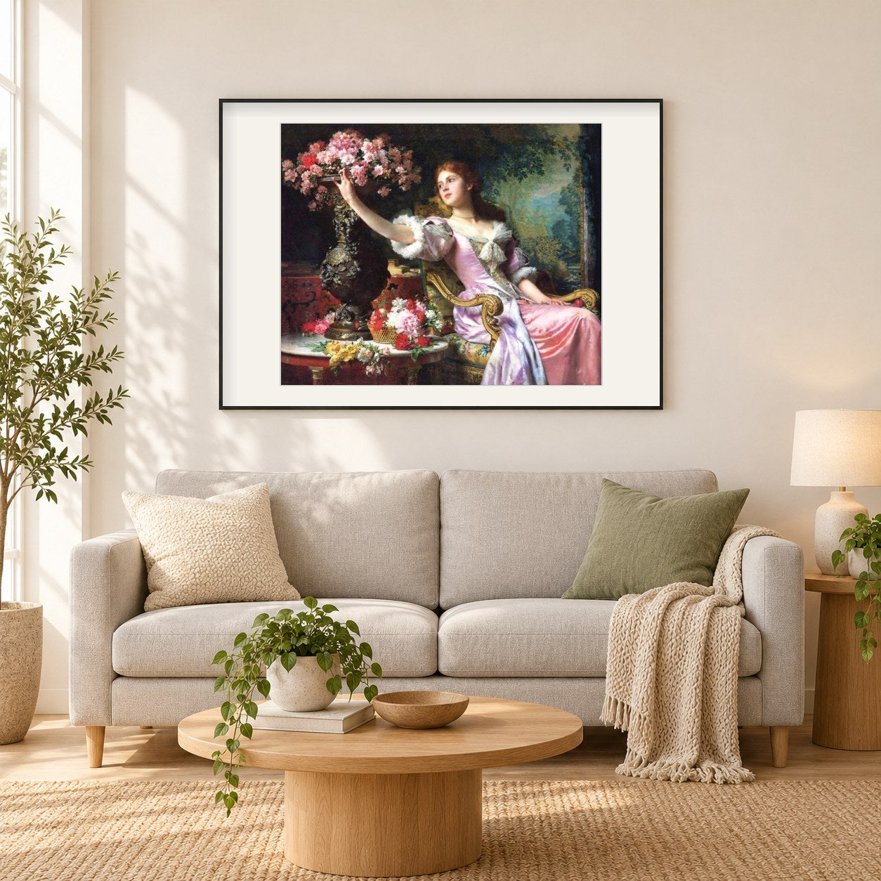 Dame im rosa Kleid mit Blumen als gerahmtes Diamond Painting im Wohnzimmer