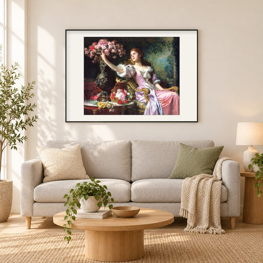 Dame im rosa Kleid mit Blumen als gerahmtes Diamond Painting im Wohnzimmer