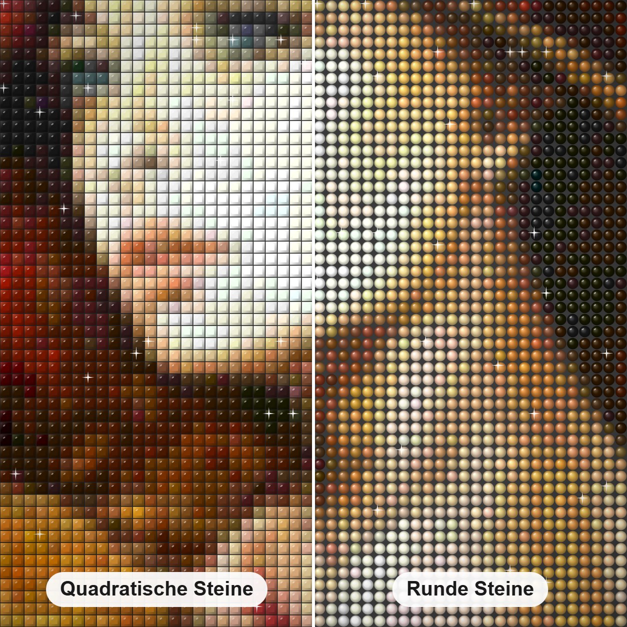Dame mit Hut Diamond Painting Nahaufnahme mit quadratischen und runden Steinen