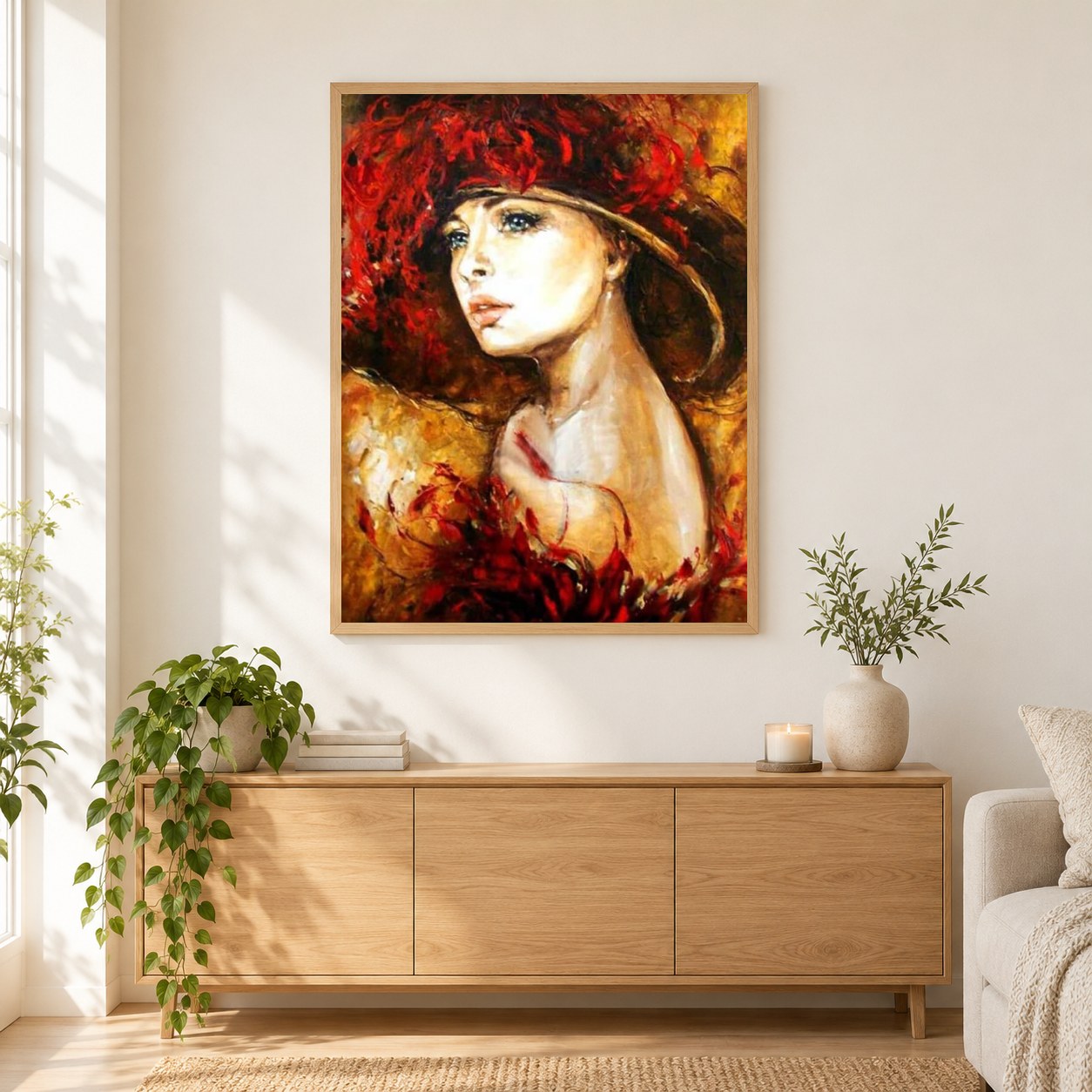 Dame mit Hut als gerahmtes Diamond Painting im Wohnzimmer