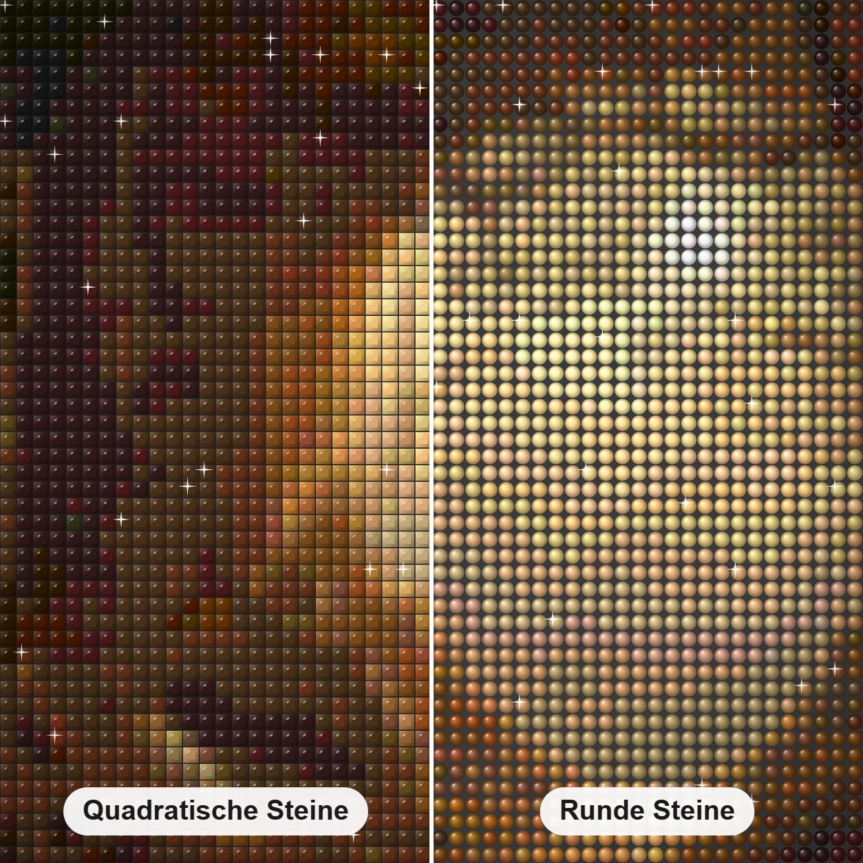 Dunkle Höhle mit einem SunRize Diamond Painting Nahaufnahme mit quadratischen und runden Steinen