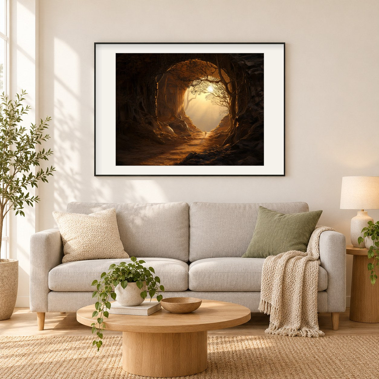 Dunkle Höhle mit einem SunRize als gerahmtes Diamond Painting im Wohnzimmer