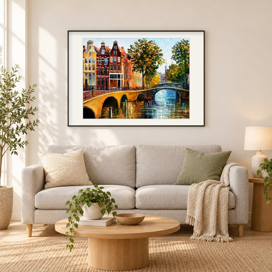 Das Tor nach Amsterdam - Leonid Afremov als gerahmtes Diamond Painting im Wohnzimmer