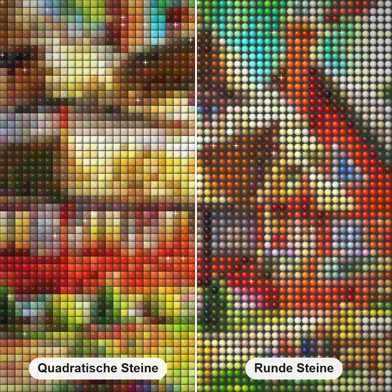 Das Traumhaus Diamond Painting Nahaufnahme mit quadratischen und runden Steinen